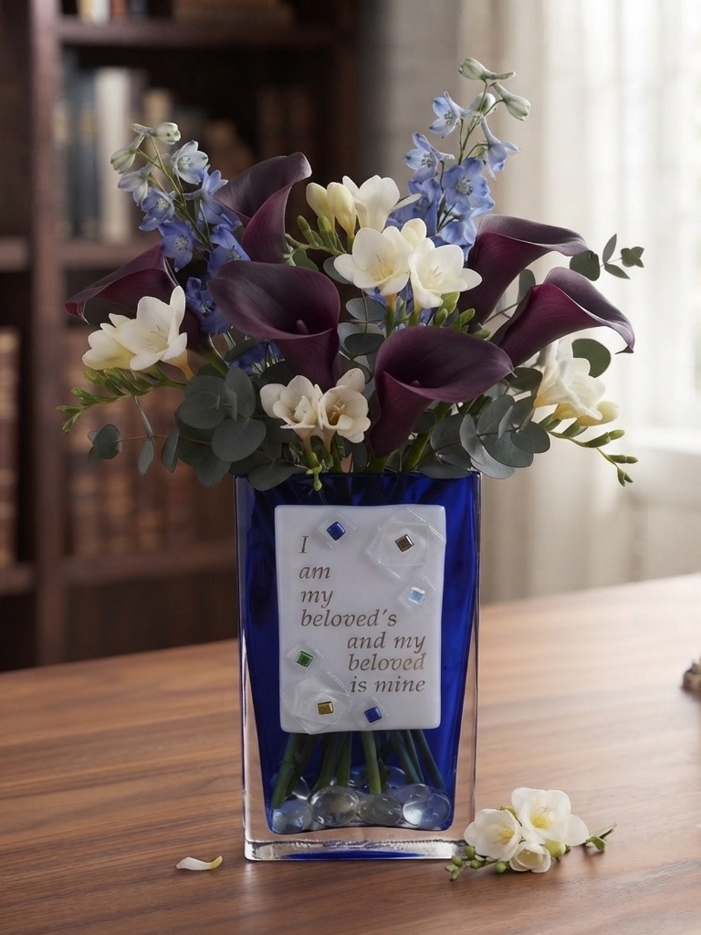 Beames Designs Cobalt Blue Art Glass Vase w/Fused White Panel “I Am My Beloved's
